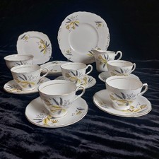 Beautiful Vintage Colclough Stardust Yellow & Grey Ferns Tea Set Gold Trim