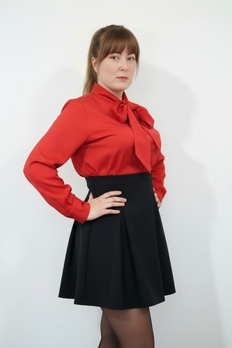 Red button front pussybow - red,