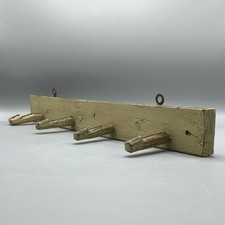 Vintage French Wall Coat Rack Peg Rail 4 Hooks Wooden Painted Rustic Green Grey