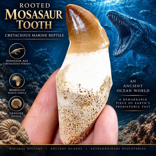 Rooted mosasaur tooth fossil - mosasaur,
