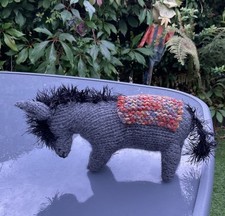 Hand Knitted Dark Grey Donkey with Stripe Blanket Ideal For Your Nativity