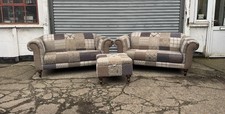 Pair of  DFS Stag Patchwork 2 Seater Sofas and matching ottoman 