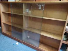 Vintage Light Oak veneer Glazed School Bookcase Fixed Shelves 6ft Long Mid Cent