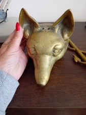 Antique Brass Fox Head Door Stop equestrian whip rare 