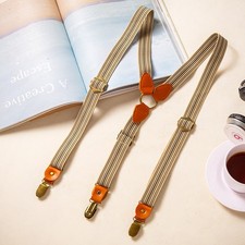 Men's Striped Braces Y-shaped Heavy Duty 3 Clips Suspenders Non-slip Elasticated