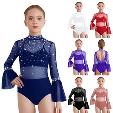 UK Girls Sheer Mesh Leotard Flare Sleeve Backless Sparkly Bodysuits Dancewear