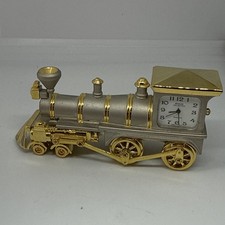 Die Cast Silver & Gold Metal Steam Locomotive Miniature Clock With New Battery