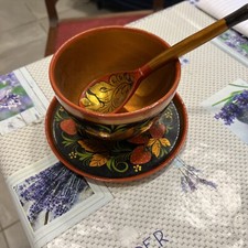 Vintage USSR Russian Lacquer Hand Painted Wood Bowl With Plate And Spoon