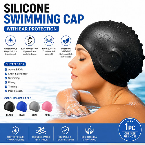 Silicone swimming cap with ear - silicone,