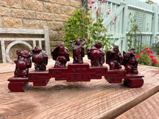 Chinese Faux Cinnabar Red Resin Seven characters on a bridge (Immortals?) H 5in