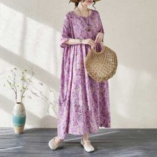 Fit Robe Ethnic Dress Crew Neck Retro Printing Floral Womens Short Sleeve Loose