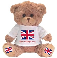 PERSONALISED BEIGE TEDDY BEAR 28CM/11"  UNION JACK ANY MESSAGE ADDED
