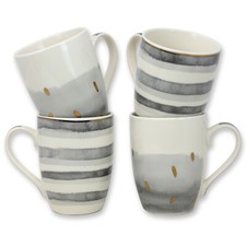 Set of 4 Mugs 350ml Coffee Cups Coral Grey Stripes Drinkware Hot Beverages