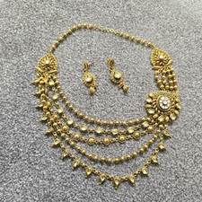 Indian Rani Haar Kundan Gold Necklace Earrings Set With Clear Stone Gems