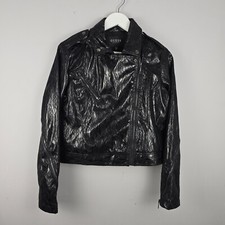 GUESS Coat Womens Medium UK 8 Black Full Zip Polyester Outdoor Jacket Shiny Faux