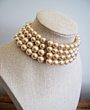 Vtg 1980s Monet Jewellery Chunky 4 Strand Faux Pearl Choker Necklace Branded