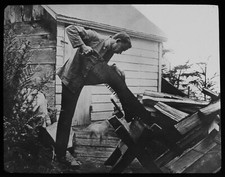 ANTIQUE Magic Lantern Slide PERSON SAWING UP FIREWOOD C1910 PHOTO CANADA 