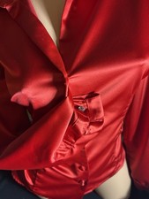 Satin Spandex Shiny GEM CUFFS Shirt Notch Collar OFFICE BUTTON UP BLOUSE L