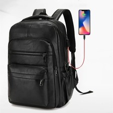 Mens Leather Laptop Backpack USB Charging School Bag Travel Rucksack Boys