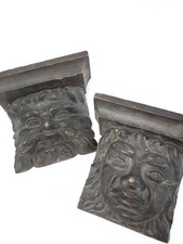 Pair of Antique Hand Carved Wooden Shelves with Face Motif Detail