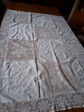 Vintage Lace and Embroidered Cotton  Tablecloth White 130cm Square