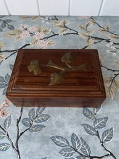 Vintage Indian Wooden Trinket Jewellery Box With Brass Motif
