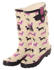 Ladies Sausage Dog Print Matt Wellies Slip On Wellington Boots Sizes 4 to 8