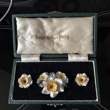 Vintage Royal Crown Derby Porcelain Multi-Colored Flowers Brooch & Earrings Set