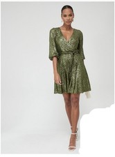 Tie Waist Green Sequin Wrap Mini Dress from Size 10 Christmas New With Tag NWT