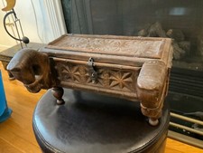 Old Indian tribal dowry box, horse heads hand-carved wood latched hinged footed
