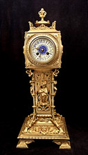 LG RARE ANTIQUE FRENCH GILT BRASS "CLOCKTOWER" TABLE/MANTEL CLOCK, ANGELS, 22"H