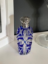 Clear Cut Crystal With Blue Overlay Scent Perfume Bottle Stopper & Silver Lid