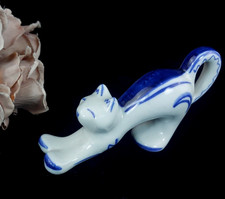 USSR Vintage Cat Figurine Good Blue White Stretching Kitten Russian Porcelain 