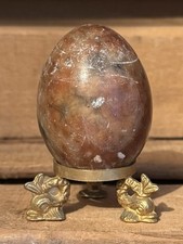 Brown Tone Stone Egg with Gold Tone Fish design Metal Stand #SP232