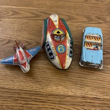 Three Tinplate Models - Rocket Racer, Plane & Sedan - Poor Condition