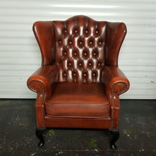 NEAR PERFECT Brown Leather Chesterfield Wingback QUEEN ANNE arm chair