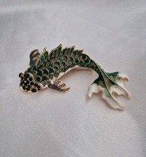 Large Green Koi Carp Fish Brooch Gold Tone Vintage Inspired Jewellery Gift V2