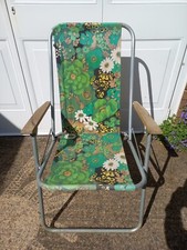 Vintage Retro High Back Deck Chair wooden arms Green Floral Fabric