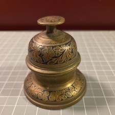 VTG Elephant Claw Brass Bell Etched & Enameled Rust Floral Clover w/ Stand