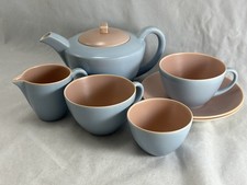 VINTAGE 1950s POOLE POTTERY tea set peach bloom/mist blue [7 pieces] C100