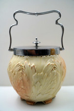 Antique A Locke & Co Worcester porcelain biscuit jar with plated lid & handle