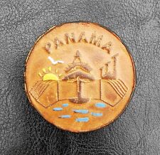 FRIDGE MAGNET SOUVENIR PANAMA CANAL SUN SEAGULL TREE... LEATHER WOODEN BACK