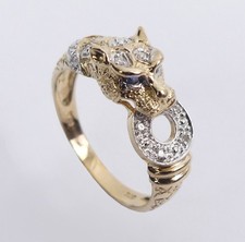 9ct 375 Gold Blue Topaz & Diamond Panther Leopard Jaguar Ring Size P 2.7g 