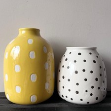 Next Hand Crafted Small Spotted Ceramic Vases x2, Yellow + White (VERY GOOD)