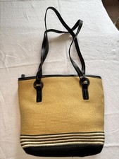 Yellow And Black Straw Tote Bag With Leather Handles And Zip Closure