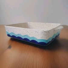 NEW Large Aphorism Ceramic Baking Serving Dish Tray Scalloped Blue Wave Pattern