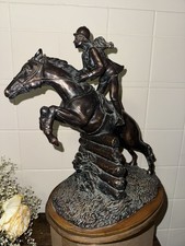 Jockey With Horse Jumping Over Hurdle Barrier Bronze Cast Statue 14in x 12in