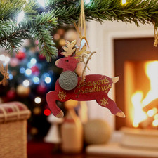 Christmas Tree Hanging Decoration.  Handpainted Wooden Reindeer, Lucky Sixpence