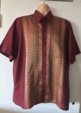VINTAGE MENS BURGUNDY + GOLD EMBROIDERED THAI SILK S/S SHIRT L XL
