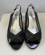 Black Patent and Diamanté Peep Toe Sling Back Shoes. Size 8. Comfort Plus
